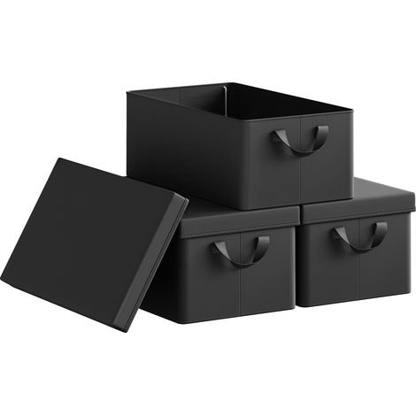 Lot de 3 Boîte de Rangement WOLTU, 48x29x20 cm, avec Couvercle, Coffre de Rangement en Tissu non Tissé, Pliable, Noir