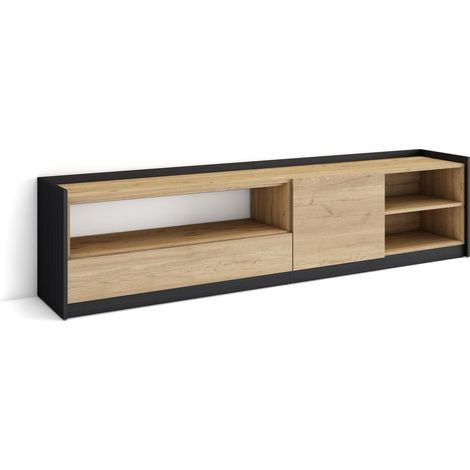 Skraut Home - Meuble TV, Banc Télé, 207x37x50cm, Pour les TV jusqu'à 80", Chêne et noir (1/5)