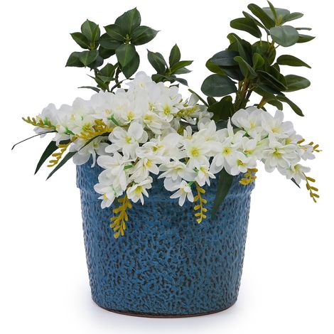 Lot de 3 pots de fleurs en céramique bleu antique brillant, avec trou de drainage, pour intérieur et extérieur, décor moderne, idéal pour plantes et herbes CHICFURN (1/5)