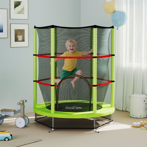 Tapis élastique pour enfants de 3 à 6 ans avec filet de protection, 6 piliers et 3 entrées, Ø140x190 cm, vert et noir (1/5)