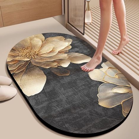 Tapis de bain en terre de diatomée – Forme ovale irrégulière, motif floral 3D relief oré, absorption rapide de l’eau, antidérapant, résistant à la saleté et à l’usure – 60 x 90 cm-lsw