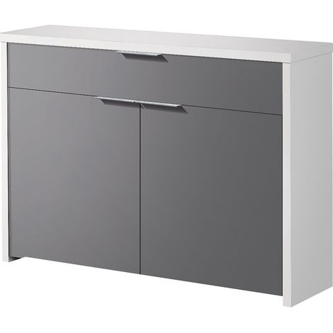 Pegane – Table console 2 portes 1 tiroir – Panneaux de particules mélaminés blanc gris – Longueur 101 cm – Profondeur 30 cm – Hauteur 76 cm (1/2)