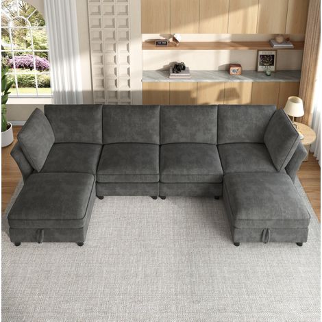 Modulares U/L-Ecksofa 289 x 137 x 84 cm aus grauem Chenille mit Stauraum – MEUBLIV (1/5)