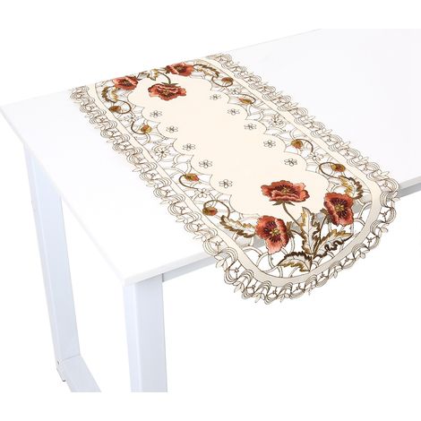 Chemin de table nappe rouge à fleurs broderie ajourée à jour décor de table ovale (1/3)
