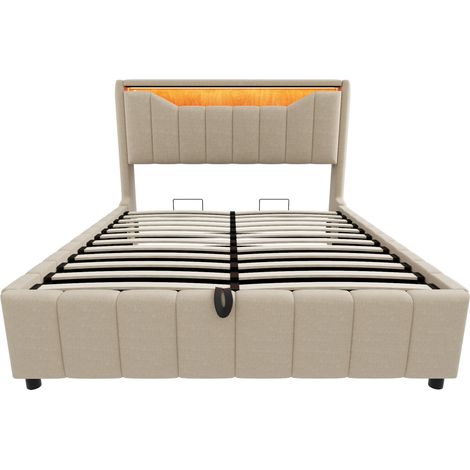 Polsterbett 140x200 cm beige mit hydraulischem Bettkasten, LED, USB und USB-C (1/5)
