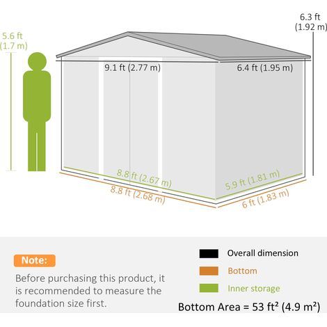 Abri de jardin ventilé en acier galvanisé gris 9x6 avec double porte et kit de fondation inclus (1/5)