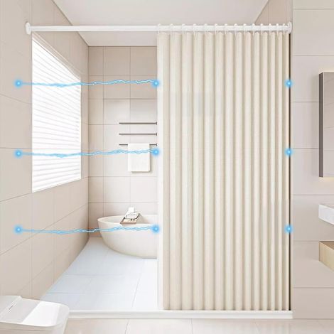 Rideau de Douche Magnétique Pliable et imperméable avec Crochets, Séparation Humide et sèche, Rideaux de Douche en Polyester Lin très résistants pour Salle de Bain, Beige, 150x180cm (1/5)