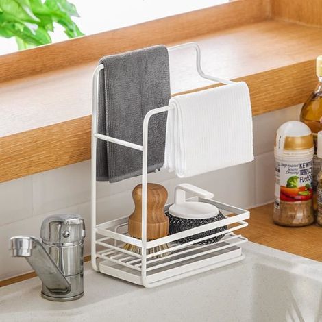 Rangement Evier Cuisine Support Brosse Éponge Organiseur pour à Poser Acier Inoxydable - Blanc (1/4)