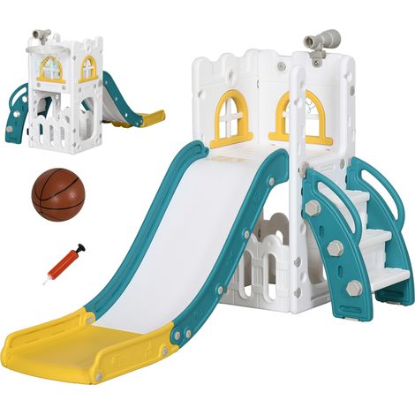 Toboggan enfant 5 en 1 avec panier basketball, mur d’escalade, lunette d’observation, coffre de rangement, 70 x 177 x 92 cm, jaune (1/5)