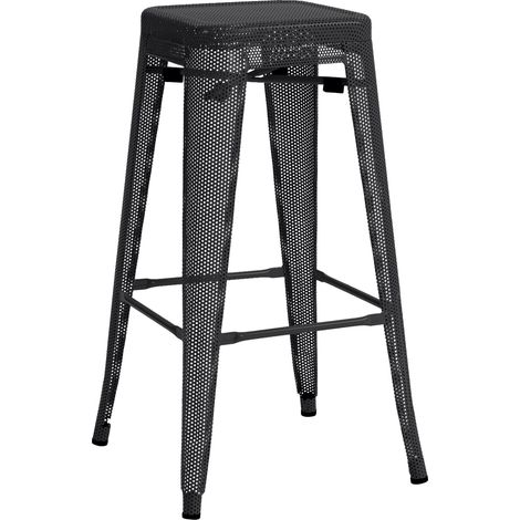 Taburete de bar con reposapiés apilable de diseño industrial en metal perforado negro 100004867