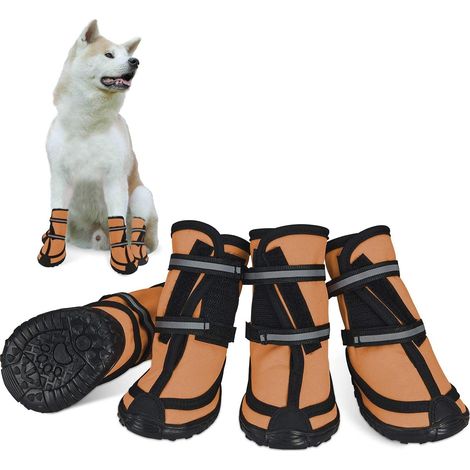 Bottes de protection imperméables pour chien, lacets antidérapants, bandes réfléchissantes velcro, chaussures chaudes et résistantes orange. (1/5)