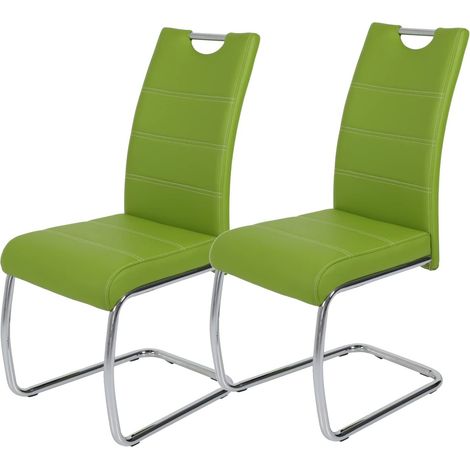 Tische, Lot de 2 chaises luge pour cuisine, en similicuir vert, poignée en creux, armature métallique chromée, 42 x 57 x 98 cm (1/5)