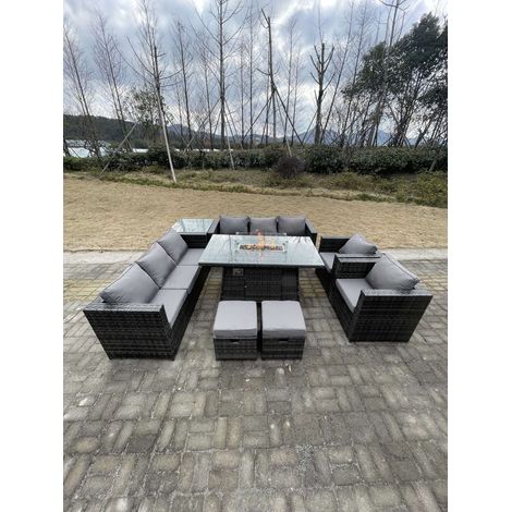 Fimous 10 Seater Outdoor Lounge Rattan Sofa Set Garden Furniture Gas Firepit Set Dining Table With Chair Coffee Table Stools Dark Grey Mixed (1/4)