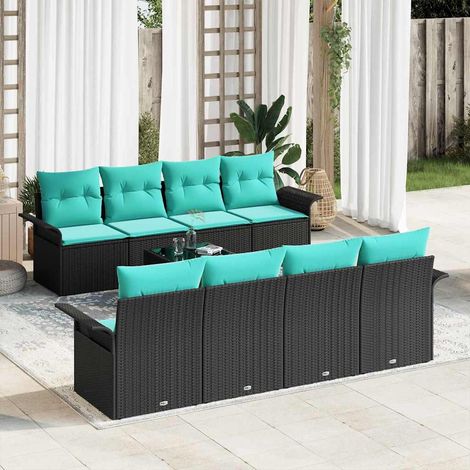 vidaXL Ensemble de canapé de jardin 9 pcs Noir et turquoise polyrotin (1/5)