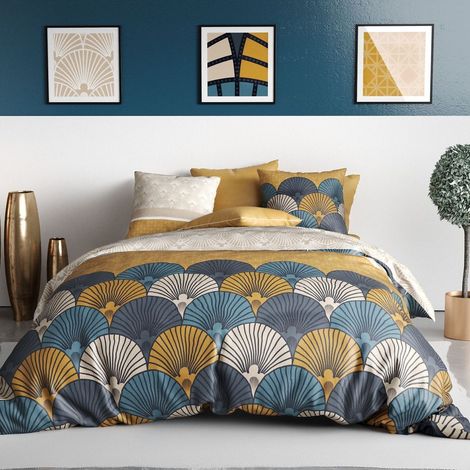 Parure housse de couette 240x220cm + 2 taies motif rétro bleu et jaune 100% coton - MANDY (1/4)