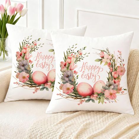 Housse Coussin Joyeuses Pâques Oeufs Colorés Fleurs Décoration 40 x 40 cm Lot de 2 Taie d'oreiller en Lin pour Canapé Chambre Maison Printemps Décoration Taie d'oreiller en Lin (1/5)