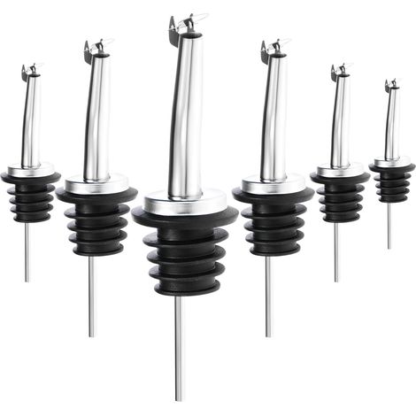 6x Beccucci versatori con coperchio – Dosatore in acciaio inox – Per liquori, rum, whisky, cocktail, aceto e olio (6 pezzi - colore argento - con coperchio)