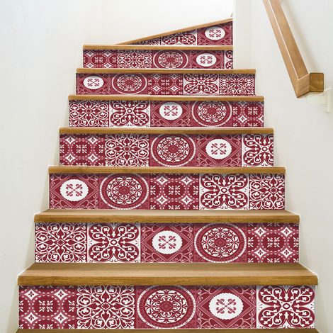 Adhésif Autocollant Contremarche Carreaux Ciment Rouge, 3 pièces, 19,5 cm x 100 cm, Colle pour Carrelage Sol et Mur (1/5)