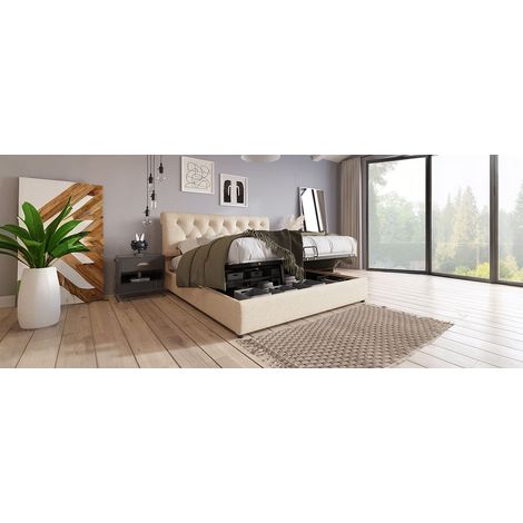 Cama Polsterbett 160x200cm con Cabecera Regulable, Metal y Lino, Caja de Almacenamiento (1/5)