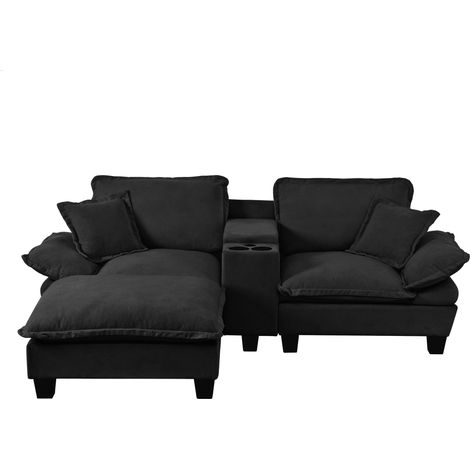 Sofá modular L negro en chenilla con USB, portavasos y almacenaje, HOMVRA (1/5)