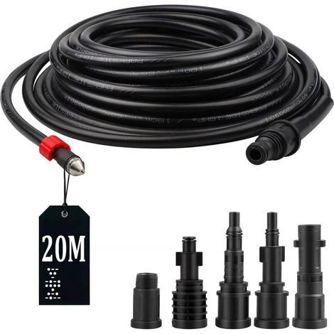 20 m Schlauch für Hochdruckreiniger, 5 Adapter, 180 bar, 60°C, Rohrreinigungsset für Kärcher Lavor, Interpump und Bosch Hochdruckreiniger, Schlauchreinigungsset. (1/4)