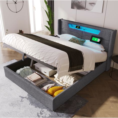 Bett 160x200 Bettgestell mit Stauraum LED Grau HAVRYA (1/5)