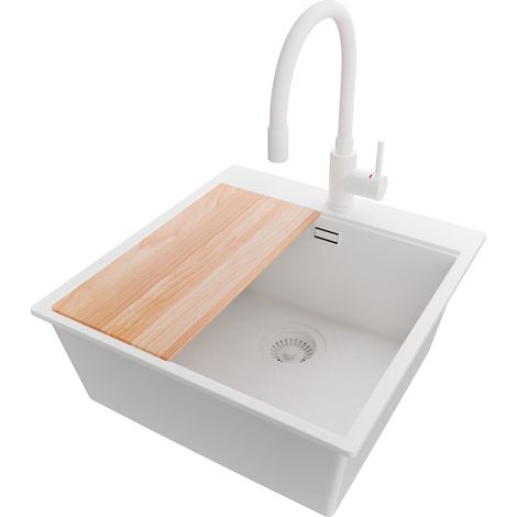 PRIMAGRAN Evier Cuisine en Granit 48x50cm, Lavabo 1 bac + Robinet 38x14cm + Kit de Vidage + Accessoire, Évier à Encastrer au meuble 50cm - Oslo, Tout Blanc (1/5)