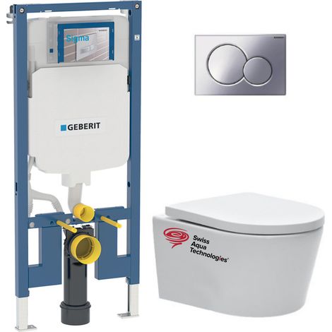 Pack WC Bati-support Geberit UP720 extra-plat + WC sans bride SAT + Abattant softclose + Plaque chrome brillant (SLIM-SATrimless