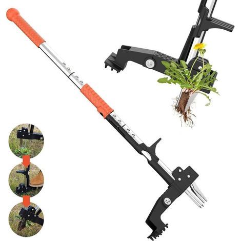 Vertikaler Unkrautstecher für den Garten. Mit ergonomischem, 100 cm langem Griff. 4 hochfeste Edelstahlzinken. Manuelles Jäten. Jäten ohne zu knien.