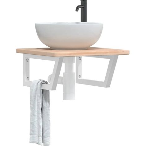 Estante de lavabo de pared de acero y madera maciza de roble