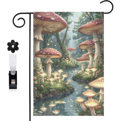 Drapeau de jardin bienvenue 30 x 45 cm motif forêt enchantée et champignons colorés toile double face (1/5)