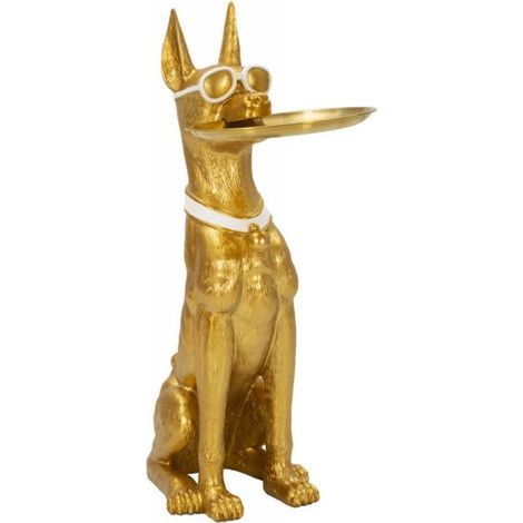 Statua Cane Pitbull Muscoloso con Vassoio Oro - Design Glam - Cm 27x51x74 - Elemento d'Arredo Luxury e Funzionale