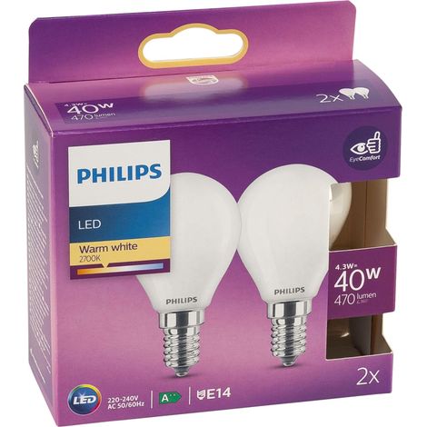 Pack 2 Bombilla LED Philips E14 P45  4.3W 470Lm 2700K  [PH-8718699777715]