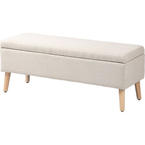 Banco tapizado con espacio de almacenamiento, aspecto de lino, para pasillo, dormitorio, salón, madera de caucho, beige, 110 x 39 x 45 cm (1/5)
