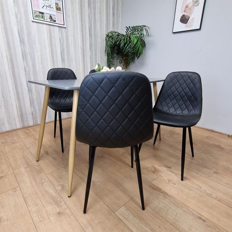 Dining Table Set of 4 Wooden Grey Table with 4 Black Gem Patterend Chairs (1/5)