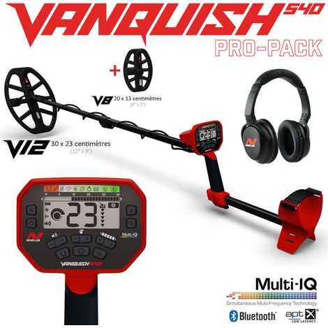 Détecteur de métaux Minelab Vanquish 540 – Multi-fréquence simultanée – Disque V12 étanche 30x23cm – Casque Bluetooth inclus