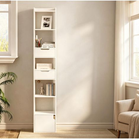 Estantería librería estrecha blanca de madera con 6 estantes, 2 cajones y armario 33 x 24 x 181 cm (1/5)
