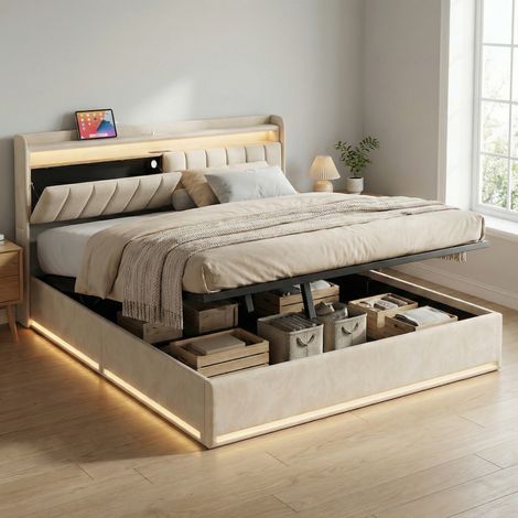 Lit coffre 160x200, éclairage LED RGB & prises USB/Type-C, lit double avec sommier, lit adulte hydraulique, tête de lit avec rangement Intégré, velours, style moderne scandinave, Beige