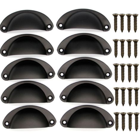 10PCS Poignée de Coquille Vintage, Bouton de Porte, Poignée de Meuble, Rétro Poignées de Porte en Fer Avec Vis pour Meuble Tiroir Armoire Cuisine Placard, 8,1 cm x 3,5 cm (Noir)