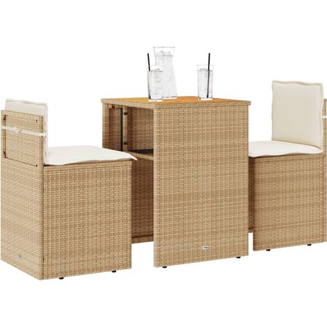 3-tlg. Bistro-Set mit Kissen Beige Poly Rattan