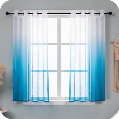 Paire de rideaux voile semi-transparents, couleur dégradée, blanc et bleu, rideau pour salon, chambre, cuisine, intérieur, 2 panneaux avec œillets 140 x 148 cm (1/5)