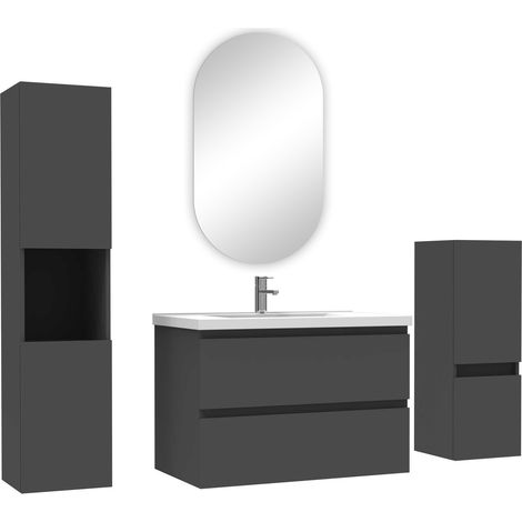 Ocean ensemble meubles Salle de Bain 80cm simple vasque + colonne + miroir ovale mural Anthracite (1/4)