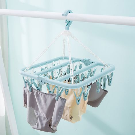 Étendoir à linge pliable à 32 pinces pour chaussettes, sous-vêtements, soutiens-gorge et foulards (bleu) (1/5)