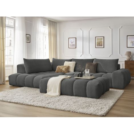 Bobochic – Canapé d'angle fixe 5 places avec pouf – Tissu chiné gris foncé – Longueur 352cm – Design moderne et cosy – Confort moelleux (1/5)