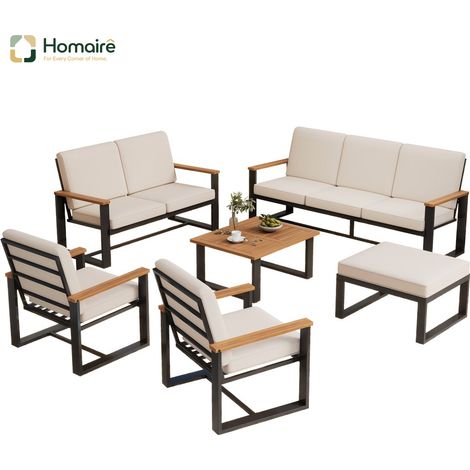 HOMAIRE Gartenmöbel-Set Loungesessel mit 3-Sitzer, 2-Sitzer, 2 1-Sitzern, Couchtisch und Fußhocker, Akazienholzplatte, schlichtes Design, verzinkter Stahl, beige