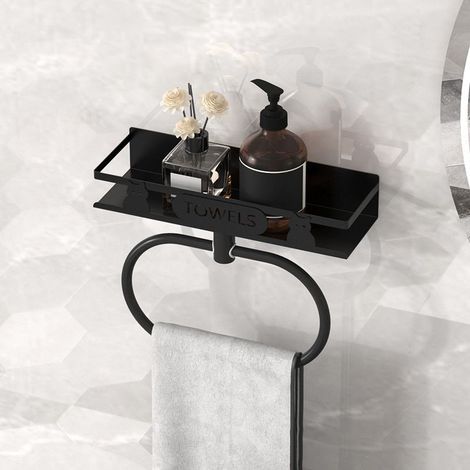 Étagère de toilette noire , porte-serviettes multifonctionnel, organisateur de douche, installation sans perçage (1/4)