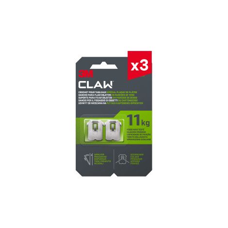 Lot de 3 packs de 4 crochets pour tableaux spécial plaque de plâtre 3M CLAW™ 11 kg, 12 crochets au total
