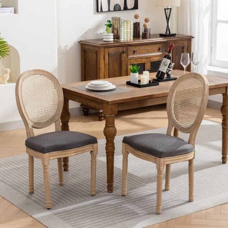 2er-Set Esszimmerstühle – französischer Stil – Gestell aus Massivholz, Kissen aus Leinen und Rückenlehne aus Rattan – grau