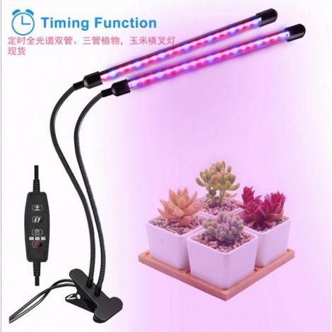 Wachstumslampe für Pflanzen mit Klemme – Zweirohrige LED-Rot-Blau-Beleuchtung, mit Intensitäts- und Timerregelung USB, ideal für Zimmerpflanzen, Sukkulenten und Topfkulturen