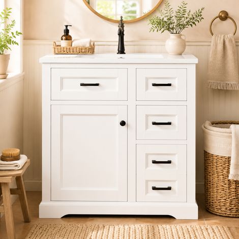 76 x 47 x 82 cm mueble de lavabo independiente superficie lacada puertas con cierre suave cajón lateral deslizante de dos posiciones lavabo cerámico integrado estante en la puerta color blanco. (1/5)